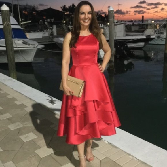 Classy Beautiful Red Satin Tiered Cocktail Dress - Picture 1 of 4